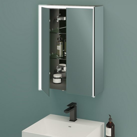 Specchiera multimediale contenitore da bagno con luce led doppia anta  soft-close USB e sensore IR