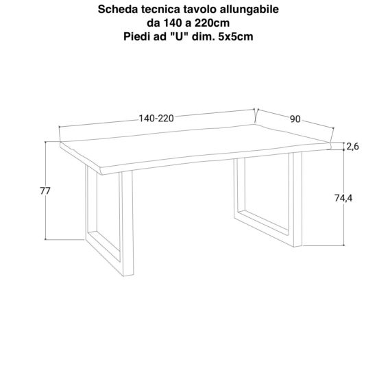 Tavolo da pranzo allungabile da 140/160/180/200x90cm. Piano in legno di  acacia e struttura a U in due colori.