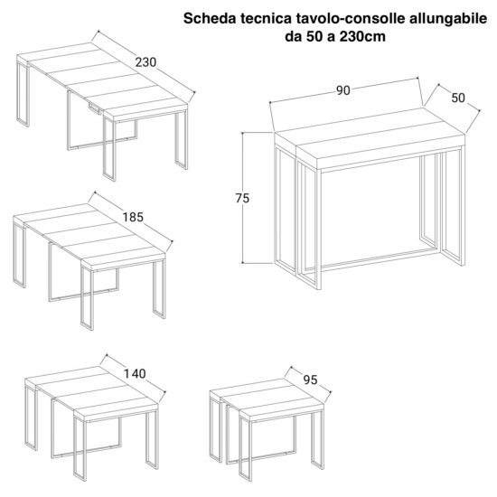 Tavolo/consolle allungabile fino a 230x90cm. 5 configurazioni possibili.  Piano in legno struttura in metallo